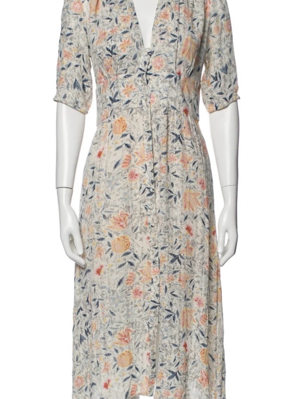 ba&sh Cream Floral Midi Dress with Pink and Blue Blossoms